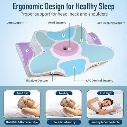 Cervical Pillow for Neck Pain Relief - Ergonomic Pillow for Sleeping Side Sleeper Pillow for Adults, Contour Neck Pillow Cooling Memory Foam Pillows, Orthopedic Bed Pillow(White & Grey)