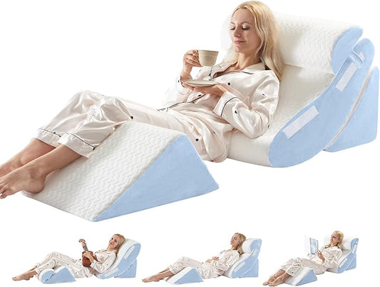 4PCS Wedge Pillow Set for Sleeping – Orthopedic Bed Pillow for Post Surgery, Adjustable Memory Foam Support for Sitting Up in Bed, Back Pain, GERD, Snoring Relief, White Blue