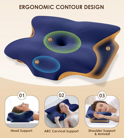 Memory Foam Cervical Pillow for Neck and Shoulder, Ergonomic Contour Cervical Neck Pillow for Sleeping, Cooling Neck Support Pillows for Side Back Stomach Sleeper Dark Blue