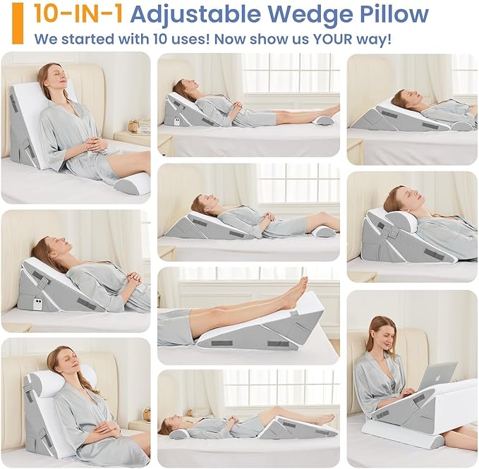 Sasttie Wedge Pillow Set for After Surgery, 2PCS Adjustable Bed Wedge Pillow Headboard with Memory Foam Neck Cushion – for Acid Reflux, Sleeping, Neck & Back Support, Light Grey & White