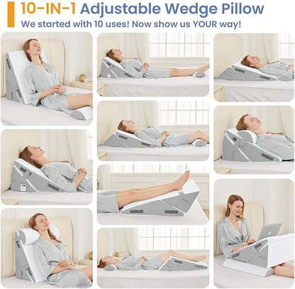 Sasttie Wedge Pillow Set for After Surgery, 2PCS Adjustable Bed Wedge Pillow Headboard with Memory Foam Neck Cushion – for Acid Reflux, Sleeping, Neck & Back Support, Light Grey & White