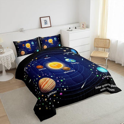 Feelyou Outer Space Comforter Set Boys Universe Planet Bedding Set for Kids Boys Girls Galaxy Comforter Planet Quilt Set 1 Comforter Set with 2 Pillowcases Queen Size