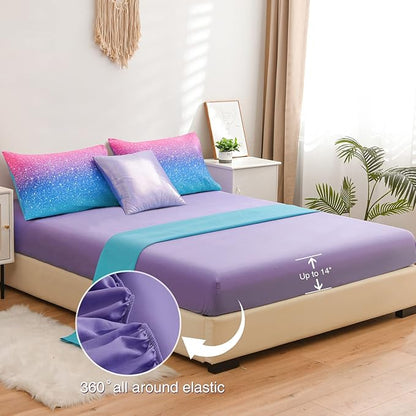 A Nice Night 6Pcs Gradient Glitter Bedding Set for Girls Full Size, Colorful Rainbow Galaxy Comforter Set, Ultra Soft Bedding Sets, Blue
