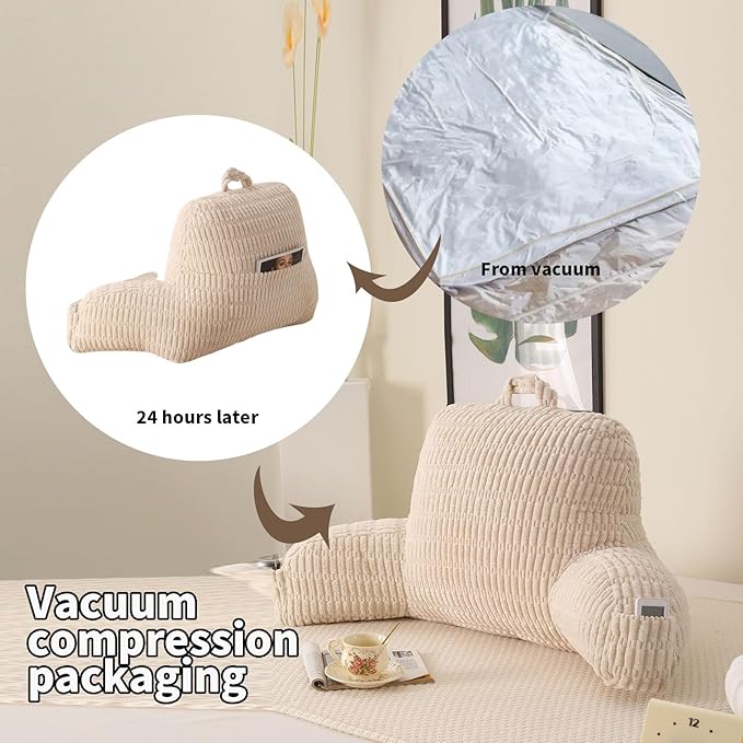 Reading Pillow for Sitting in Bed, Large Backrest Reading Pillow with Arm Rest,Back-Rest Support Cushion for Sit Up on Couch, Sofa, and Floor, Dorm Essentials (Cream Corduroy, Standard(17"))