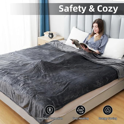 Electric Heated Blanket Twin Size 62”x84”,Soft with 6 Heating Settings 1-10 Hours Auto-Off, One Touch Operation, Machine Washable, Dark Gray