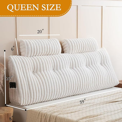 YOUR MOON Large Wedge Headboard Pillow Queen for Back with 2 Roll Pillows, Faux Fur Backrest Cushion with Shredded Memory Foam, Triangular Wedge Reading Pillow for Bed Sitting Up Sleeping, White