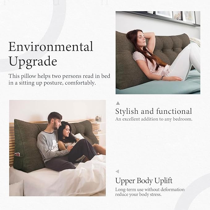 Wedge Headboard Pillow Dorm Room Reading Pillow Back Support for Sitting Up in Bed Bolster Lumbar Cushion Body Positioning Bedrest Cotton Linen 76in Coffee King