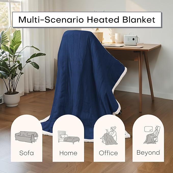 Electric Heated Blanket Full Size 72"x84" - Dual-Sided with Microplush & Sherpa Fabric, 4 Heat Settings & 10 Hours Auto Off, Machine Washable - Dark Blue