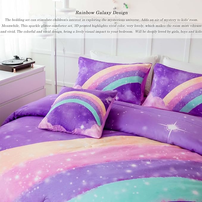 ANGIYUIN Deep Purple Girls Full Size Comforter Set Gradient Glitter Kids Bedding Sets 6 Pieces Soft Lightweight Galaxy Bed in A Bag with Sheets for Teens