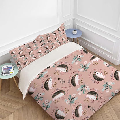 Hedgehog Theme 3 Pieces Duvet Cover Comforter Set with 2 Pillowcase King Size Hedgehog Flower Bed Sheet Quilt Bedroom Bedding for Lover Kids