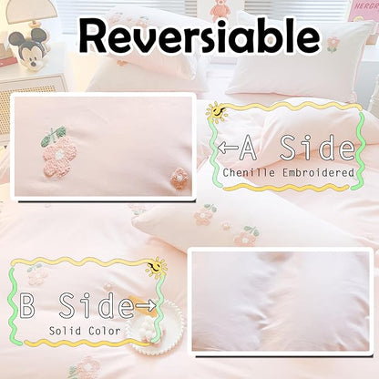 MorroMorn Cotton Duvet Cover Queen Size, 3D Embroidery Queen Bedding Sets Pink Bed Set, Cute Chenille Embroidered Comforter Covers Soft Breathable for Girls Boys Kids Teen (Flowers Pink, Full/Queen)