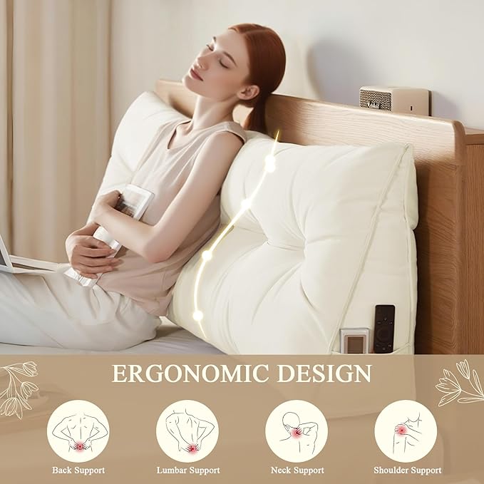 Headboard Pillow King, Large Triangular Wedge Headboard Pillow for Reading and Resting, Backrest Positioning Support Pillow with Removable Cover (Cream)