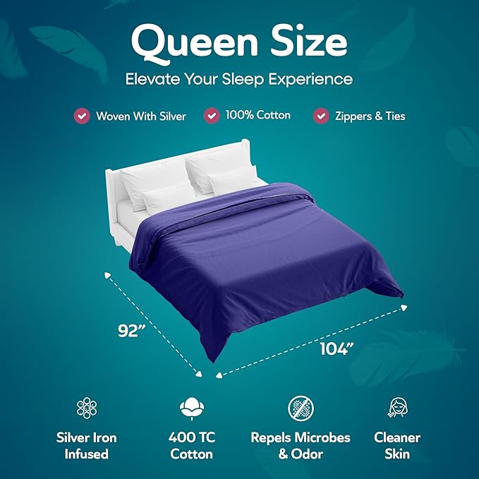 Sleepgram Supima Machine Washable 400 Thread Count Cotton Silver Ion Infused Luxury Zippered Duvet Cover with Travel Bag, Queen, Violet