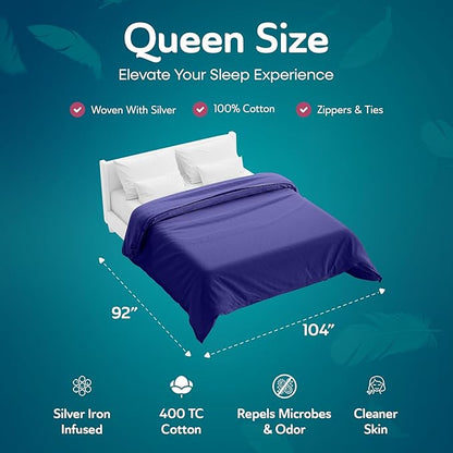 Sleepgram Supima Machine Washable 400 Thread Count Cotton Silver Ion Infused Luxury Zippered Duvet Cover with Travel Bag, Queen, Violet