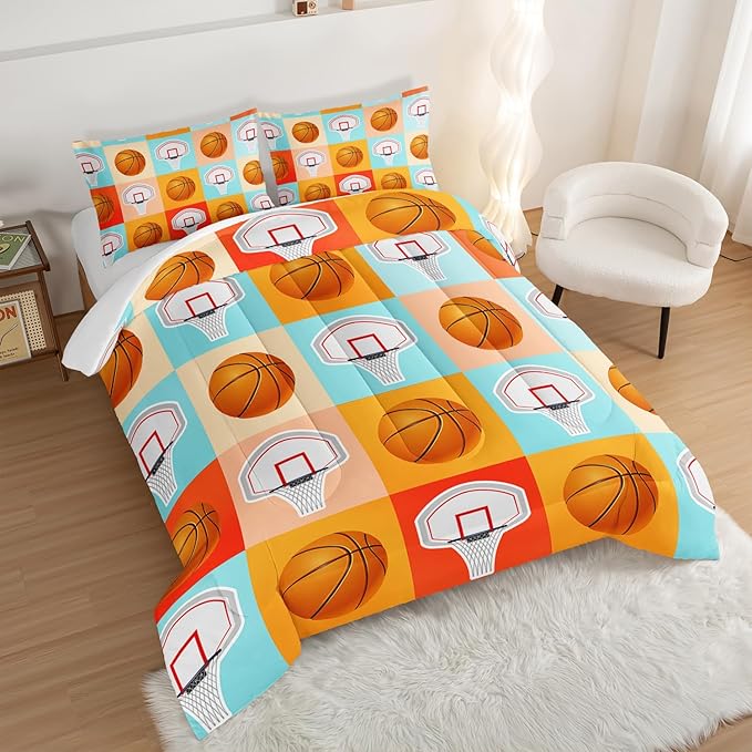 Basketball Comforter Kids Bedding King Size,Sports Style Basketball Printing Bedding Set for Teens Boys Bedroom Decor,Ball Sports Games Comforter Set Soft Kids Bedding with 2 Pillowcases.