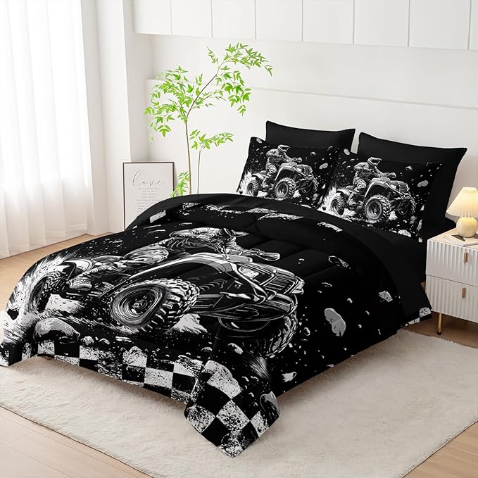 Motocross Racing Car Racer Comforter 7Pcs Racing Speed Sports Truck Bedding Set for Kid Teen Boy Girl Adult Extreme Sports Quilt Bed Set Full with 2 Sheets,2 Pillowcases,2 Throw Pillow Covers