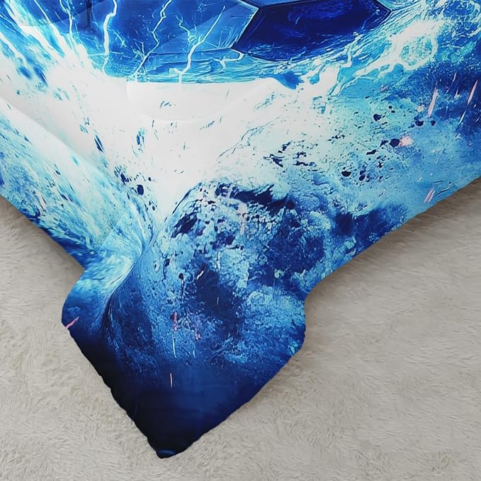 Soccer Print Comforter 3Pcs Full Ball Sport Football Bedding Set for Kid Teen Girl Boy Adult Sports Games Soccer Blue Lightning Thunderstorm Quilt Room Decor with 1 Comforter and 2 Pillowcases