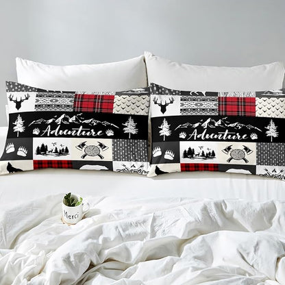Bear Deer Kids Bedding Set Twin Size,Hunt Arrow Adventure Wildlife Patchwork Comforter Cover Set for Kids Girls,Red Check Boho Aztec Cabin Decor Bedding Quilt Cover Set Bedroom Decor, 2 Pcs