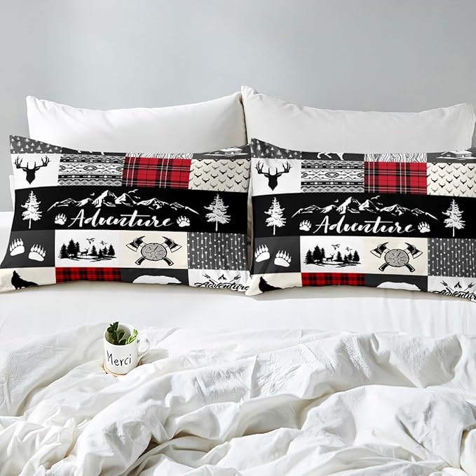 Castle Fairy Deer Antlers Duvet Cover Queen Size,Bear Pine Wolf Hunting Camper Duvet Cover Set for Children Adult,Adventure Rustic Farmhouse Red Plaid Soft Comforter Cover for Dorm Room, Zipper, Ties