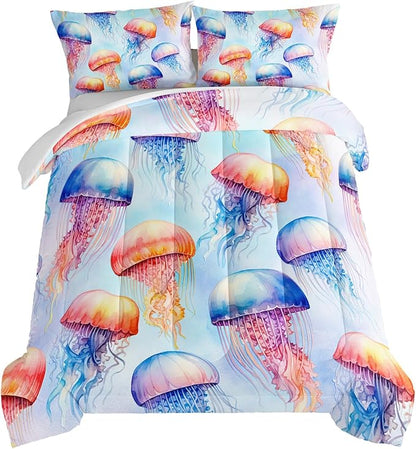HOSIMA Jellyfish Pattern Comforter Sets Full Size,Fantasy Marine life Bedding Set,Watercolor Ocean Animals Comforter Sets for Kids Boys Girls Room Decor with 2 Pillowcases.