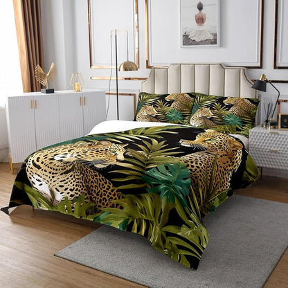 3D Leopard Quilted Twin Size,Cheetah Print Bedspread Tropical Palm Leaves Coverlet Set African Safari Animals Quilt Set Jungle Plant Leaf Weed Decor for Bedroom