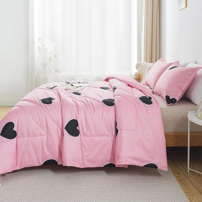 Caressma Blush Pink Love Comforter Set Queen Size, Cute Heart Pattern Bedding Comforter for Girls Women, 3 Pieces Soft Microfiber Fluffy Lovely Comforter Set for All Seasons Room Decor
