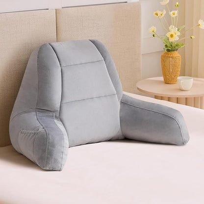 Reading Pillows for Sitting in Bed Adult, Back Pillow for Bed Sitting Up, Backrest Pillows with Shredded Foam for Adult&Teens, Support Pillow with Arms for Beds, Couch, Floor, 18in, Grey
