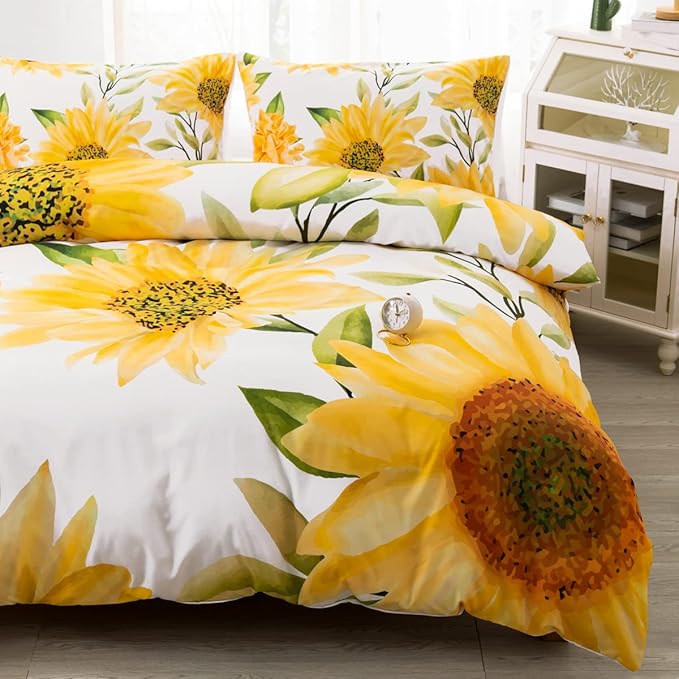 CVHOUSE Sunflower Bedding Queen Size,Garden Floral Set for Girls Kids Teens,Aesthetic Farmhouse Comforter Cover Soft,1 Duvet 2 Pillowcases,Girls Room Decor Queen 89'x89'