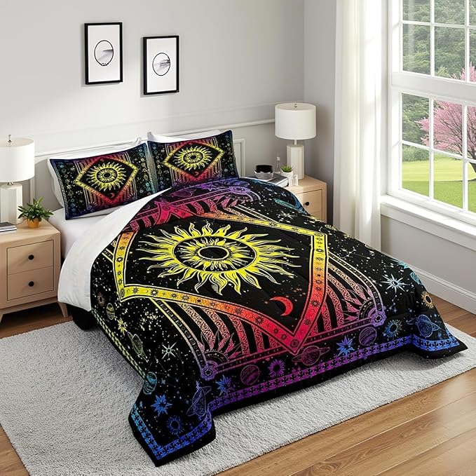 Bohemian Sky Comforter Set Queen Size Psychedelic Gradient Bedding Set for Kids Boys Girls Bedroom Decoration Sun Moon Star Planet Bed Duvet Insert Constellation Comforter with 2 Pillowcase