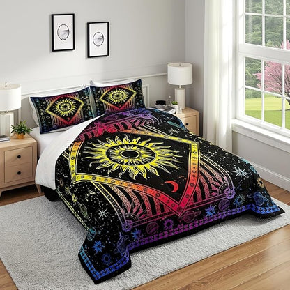Castle Fairy Psychedelic Galaxy Full Size Comforter Set Sun Moon Star Planet Bedding Set for Kids Adults Teens Mandala Bohemian Comforter Luxury Hippy Hippie Gypsy Quilt Set Room Decor 3Pcs