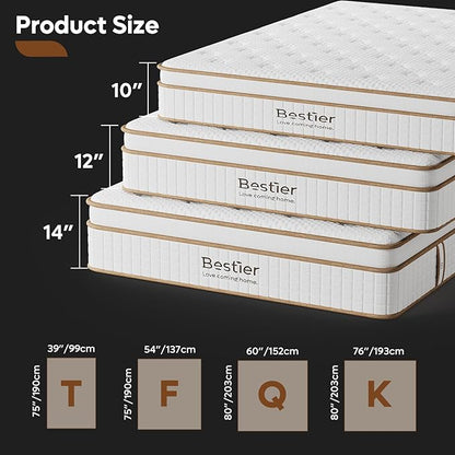 Bestier Mattress with Memory Foam & Individual Springs, Luxury Tencel Mattress for Cool Sleep and Pressure Relief, Mattress in a Box, Medium Firm, CertiPUR-US Certified (14 Inch, Full)