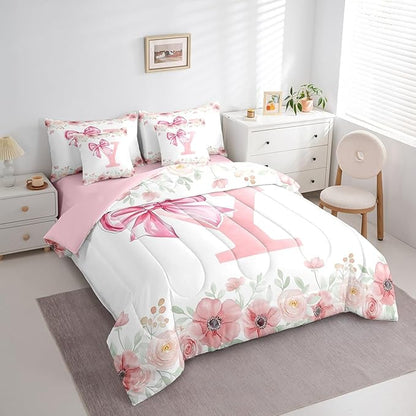 Erosebridal Pink Initial Letter Y Bed in A Bag for Young Woman Bedroom Decor, Kawaii Bow Tie Bowknot Comforter Set with Sheets King Flower Floral Dreamy Princess Style Bed Set Bedroom Decor 7-Piece
