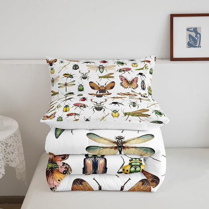 3D Insects Bedding Sets Queen,Ladybug Moth Beetle Duvet Cover 3Pcs for Kids Teens Woman Men Room Decor,Dragonfly Wildlife Quilt Cover Reptile Entomology Theme Comforter Cover,2 Pillowcases