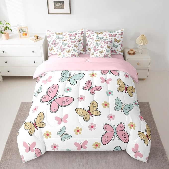 Feelyou Cute Butterfly 7 Piece Bedding Set Kawaii Flower Comforter Set with Sheets for Kids Boys Girls Pink Blue Yellow Bed in a Bag Nutrue Theme Bed Set Soft Lightweight