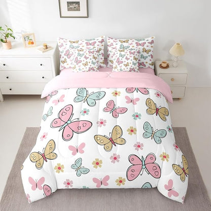 Feelyou Cute Butterfly 7 Piece Bedding Set Kawaii Flower Comforter Set with Sheets for Kids Boys Girls Pink Blue Yellow Bed in a Bag Nutrue Theme Bed Set Soft Lightweight