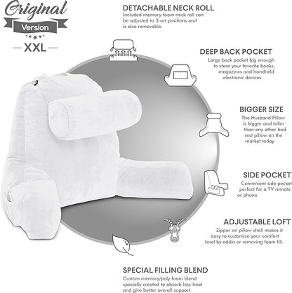 Husband Pillow XXL – Reading Pillow Bed Chair with Arms & Back Support – White - Back Pillow for Beds Sitting Up – Bed Rest Arm Pillow – Comfy Reading Pillow for Adults