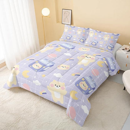 QOOMO Kawaii Bear Comforter Queen Size,Cartoon Bear Bedding Set for Kids Teens Girls,3Pcs Bedding Set Printed Comforter with 2 Pillowcases,Down Alternative,Soft and Lightweight，Queen Size