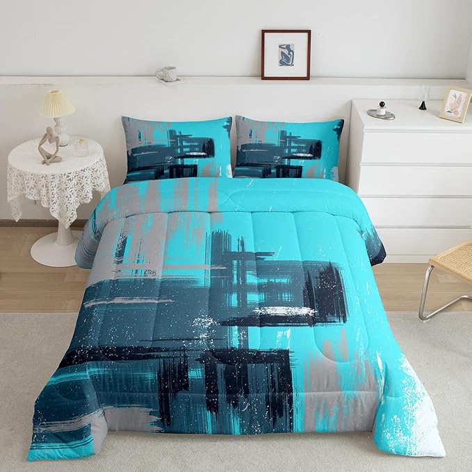 Abstract Comforter Modern Abstract Art Comforter Set for Boys Girls Children Teal Blue Pattern Bedding Set Room Decor Toddler Size Duvet Set 2Pcs