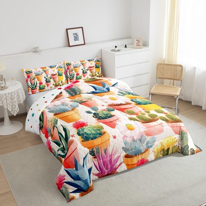 Watercolor Cactus Comforter Set Queen Size for Kids Tropical Wild Flower Bedding Sets All Season Desert Botanical Quilt Set Bedroom Decor Nature Green Plant Down Comforter,3Pcs