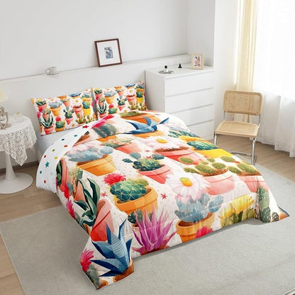 Watercolor Cactus Comforter Set Queen Size for Kids Tropical Wild Flower Bedding Sets All Season Desert Botanical Quilt Set Bedroom Decor Nature Green Plant Down Comforter,3Pcs