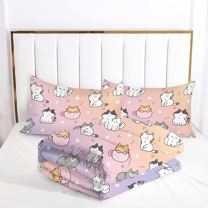 Girls Cat Comforter Set: Twin Size Cute Cats Bedding Set Cartoon Pet Kitten Rainbow Quilt for Kids Teens Boys Kawaii Gray White Kitty Bed Sets 1 Comforter & 1 Pillowcase