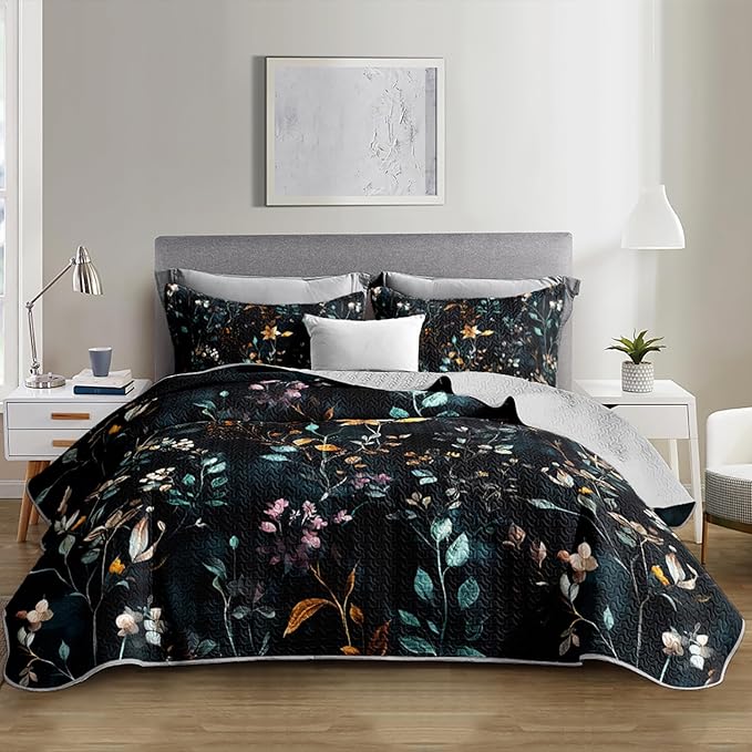 Floral Quilt Set Queen Size,3 Pieces Flower Parrten Bed Sets,Garden Style Soft Lightweight Bedding Set with 2 Pillowcases,Colorful Bedding for Adults Kids.