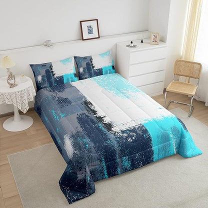 Abstract Comforter Modern Abstract Art Comforter Set for Boys Girls Children Teal Blue Grey Pattern Bedding Set Room Decor Toddler Size Duvet Set 2Pcs