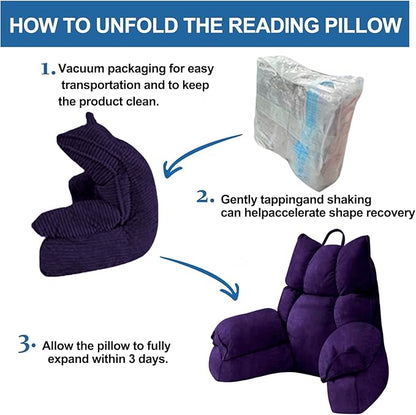 RRPAHWTV Reading Pillow for Bed with High Arm Rests,Back Support Pillow for Sitting Up in Bed with Shredded Memory Foam for Reading, TV, Gaming or Relaxing on Floor（Grape, Large）