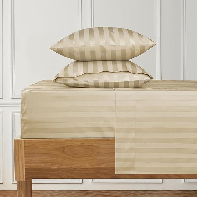 URBANHUT 1000 Thread Count Damask Striped Twin Size Egyptian Cotton Sheets, Long Staple Soft & Breathable, 4 Pc Bed Sheet Sets, Luxury Hotel Sateen Sheets Fits 16" Deep Pocket - Sand