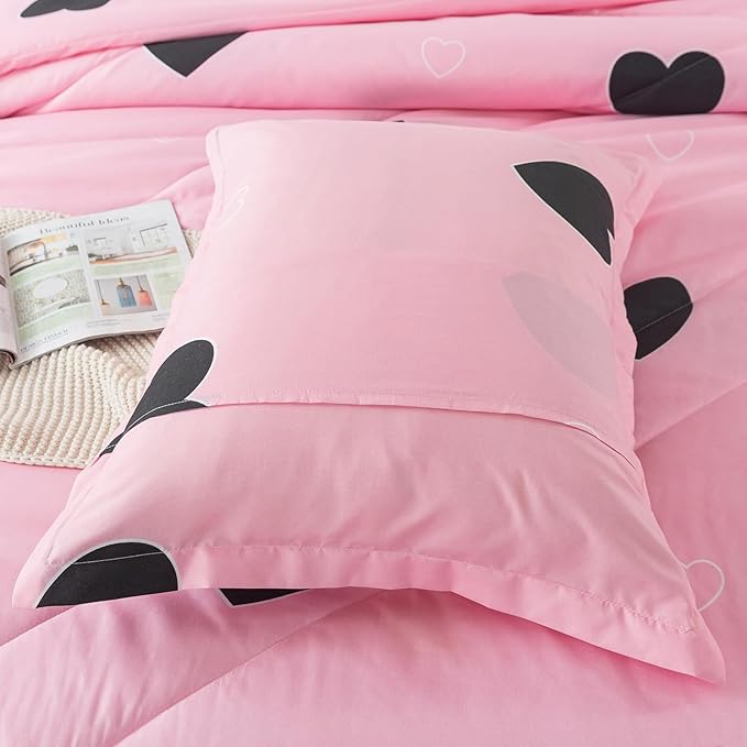 Caressma Blush Pink Love Comforter Set Queen Size, Cute Heart Pattern Bedding Comforter for Girls Women, 3 Pieces Soft Microfiber Fluffy Lovely Comforter Set for All Seasons Room Decor