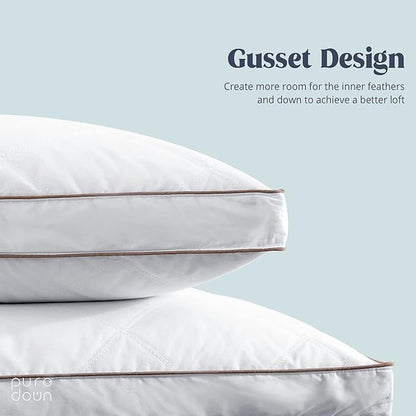 puredown® Goose Feathers and Down Pillow for Sleeping Hotel Collection Bed Pillows, Gusseted, King, Set of 2