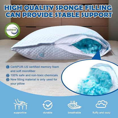 Cooling Pillows Queen Size Set of 2 - Shredded Memory Foam Cold Pillows That Stay Cold Soft Pillow for Sleeping, Adjustable Bed Pillow for Side, Back, and Stomach Sleepers