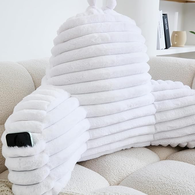 WERDIM Reading Pillow for Sitting in Bed, Faux Fur Back Pillow for Rest, Bed Chair Pillow with Arms and Pockets(XLarge, White)