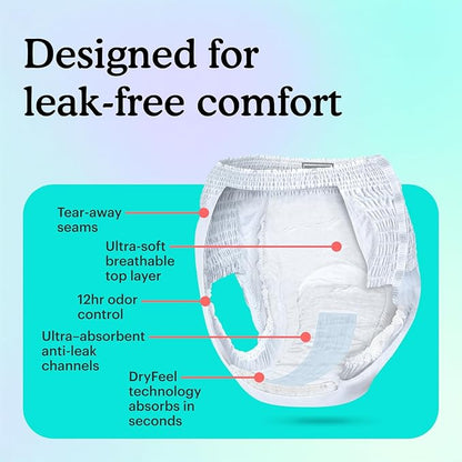Because Overnight Absorbency Pull Ups - Adult Disposable Incontinence Underwear, Extra Absorbent Nighttime Briefs for Men and Women, White, Large, 20 Count